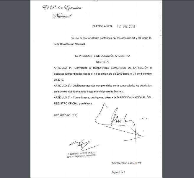 Sesiones extraordinarias Decreto 33