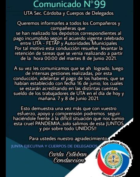 Comunicado de Uta Cba