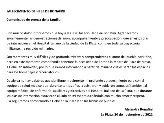 El comunicado fallecimiento Hebe de Bonafini