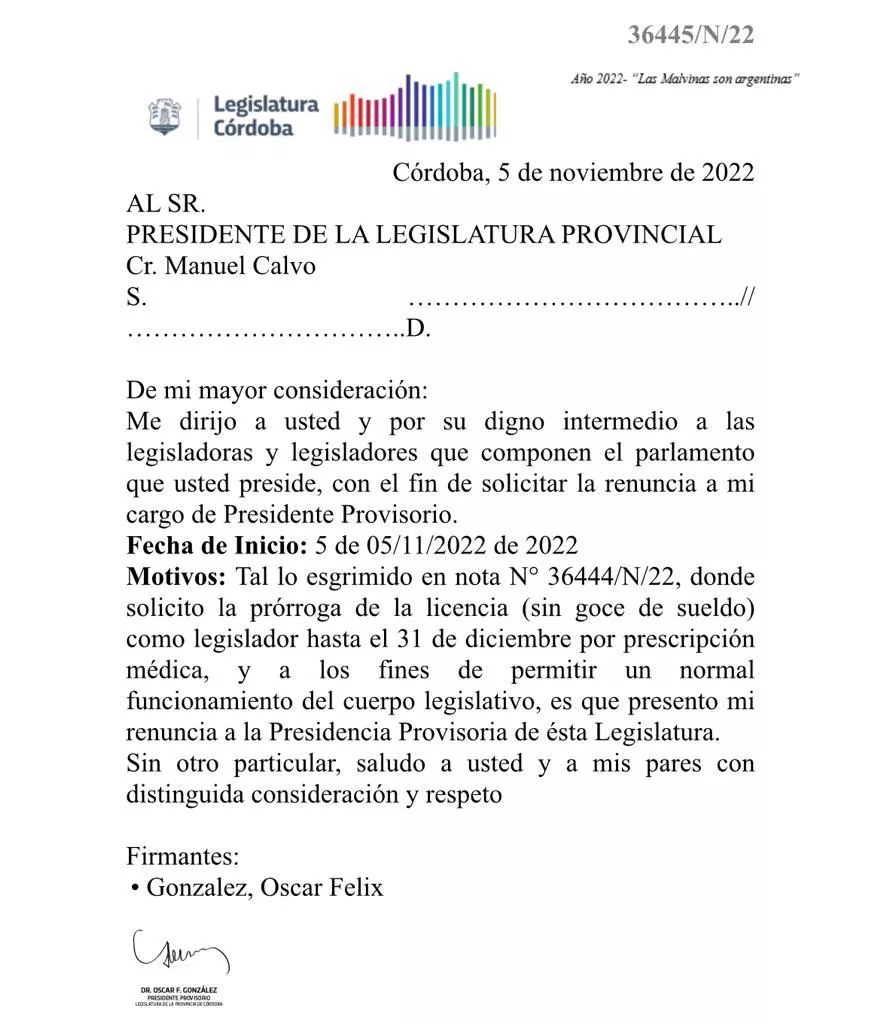 Renuncia de Óscar González