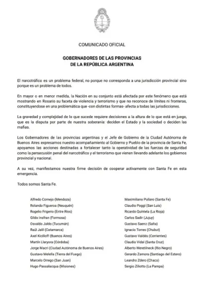 comunicado oficial de los gobernadores