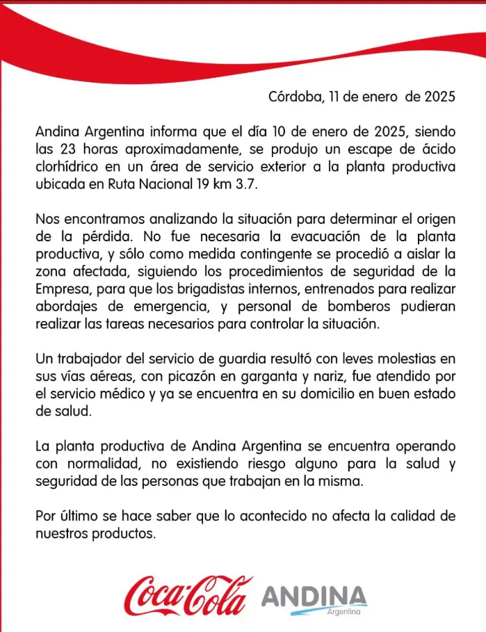 el comunicado de Coca Cola