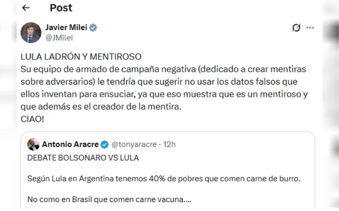 posteo Milei calificó a Lula de “ladrón” y “mentiroso”.